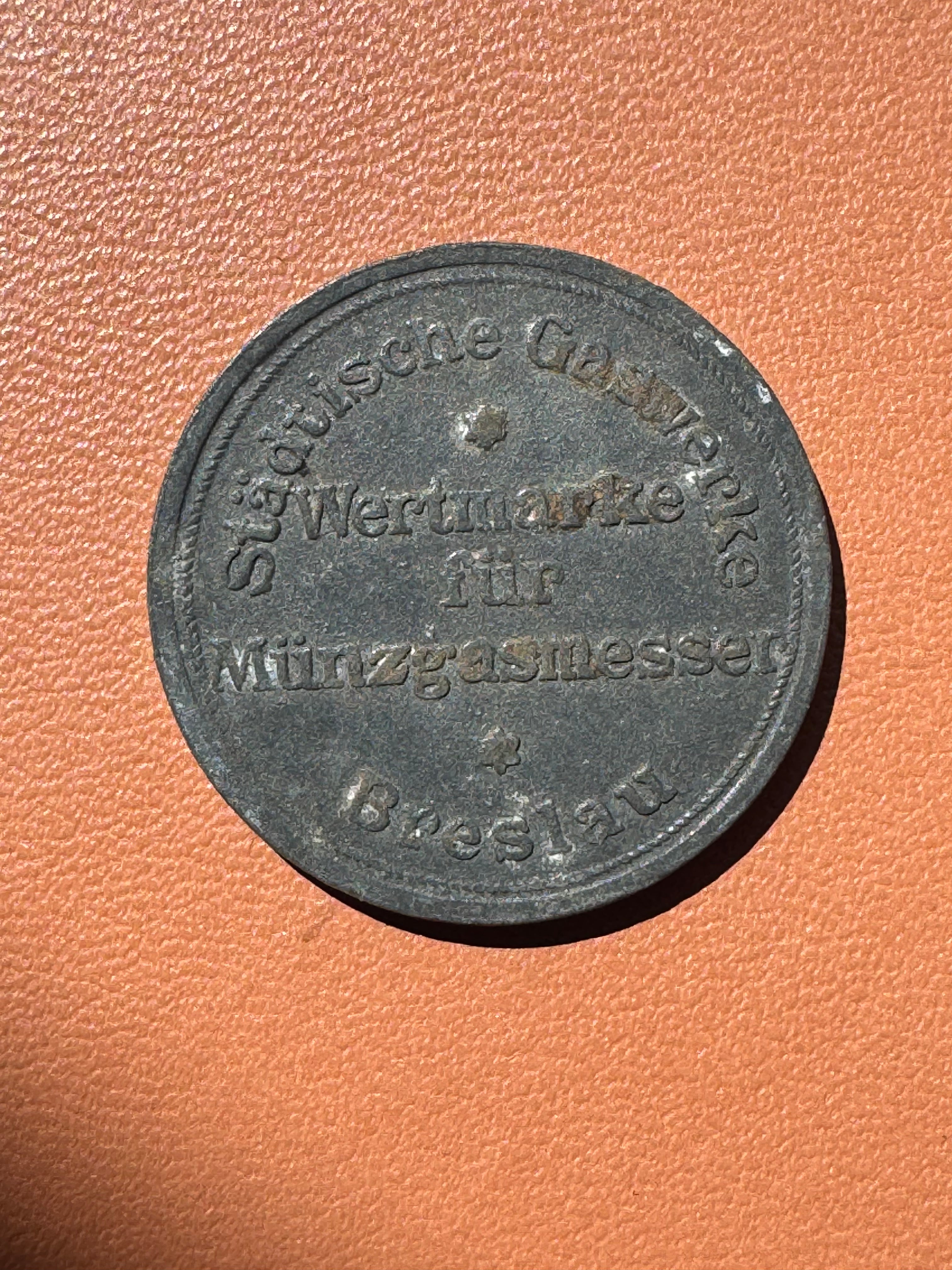 Żeton gazowy Wrocław 1921 - rewers (Städtische Gaswerke Breslau)