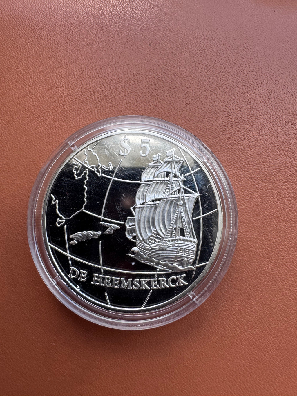 Rewers – De Heemskerck, okręt holenderski na tle siatki kartograficznej, $5, 1996