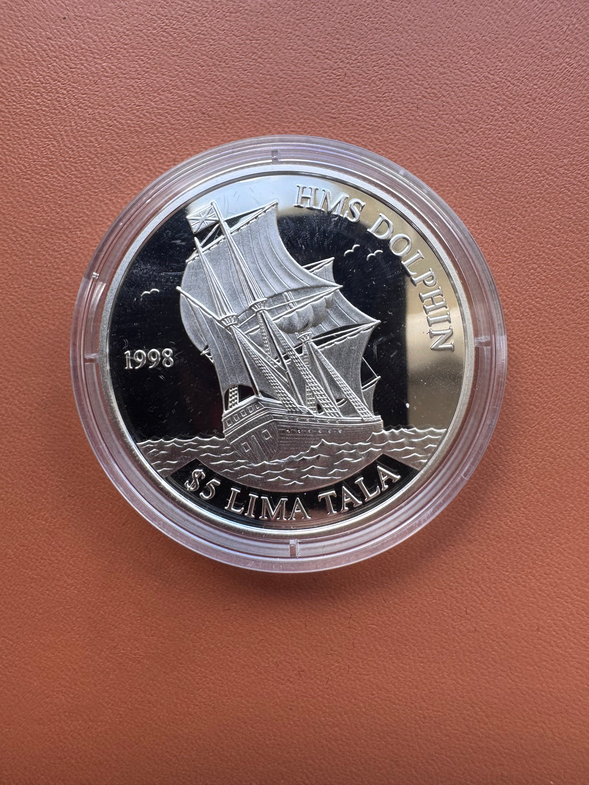 Rewers – HMS Dolphin, żaglowiec brytyjski, $5 Lima Tala, 1998