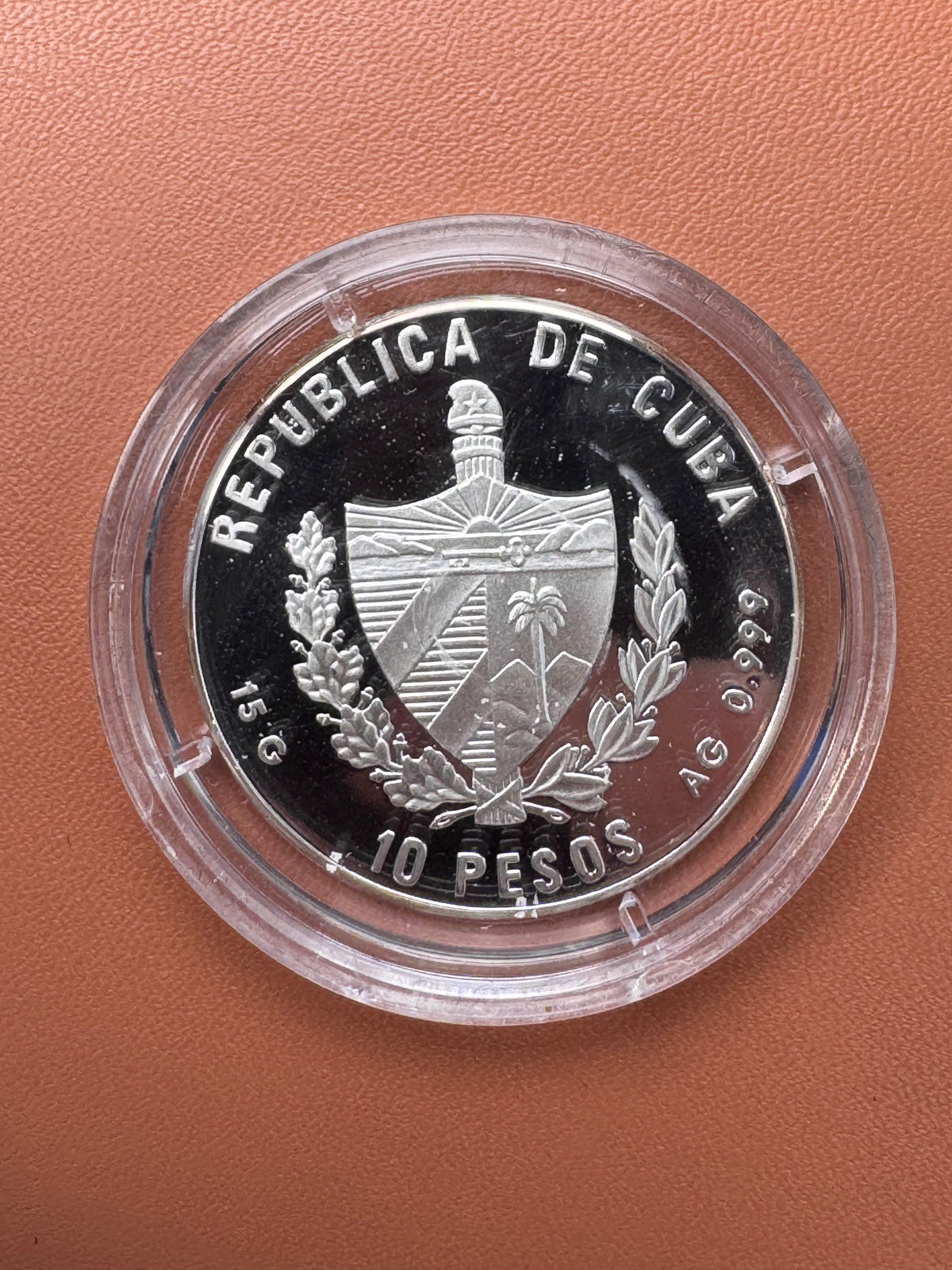 Awers – Republica de Cuba, 10 Pesos, herb Kuby, 15g AG 0.999