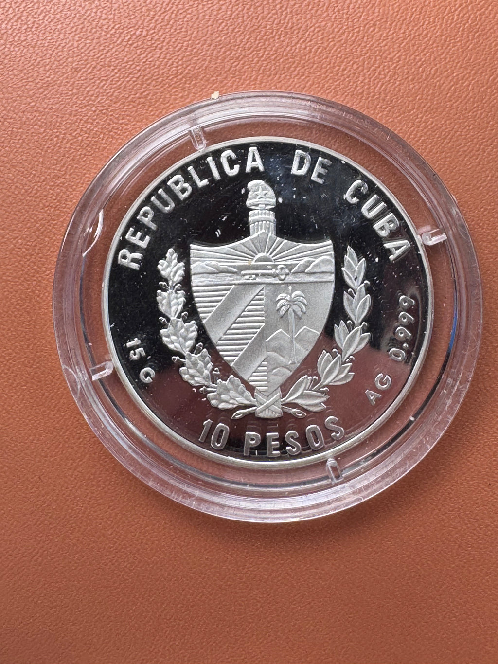 Awers – Republica de Cuba, 10 Pesos, herb Kuby, 15g AG 0.999