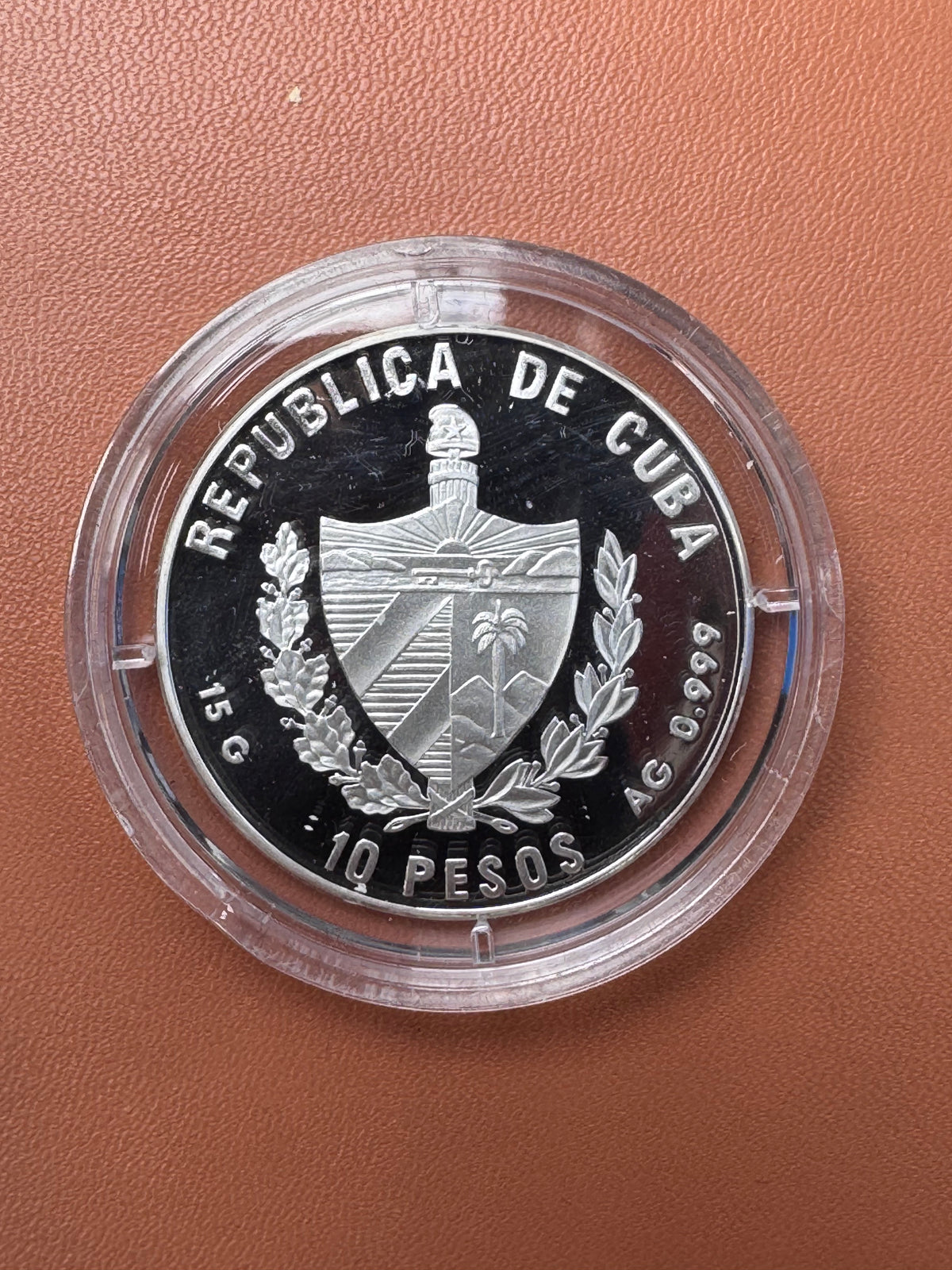 Awers – Republica de Cuba, 10 Pesos, herb Kuby, 15g AG 0.999