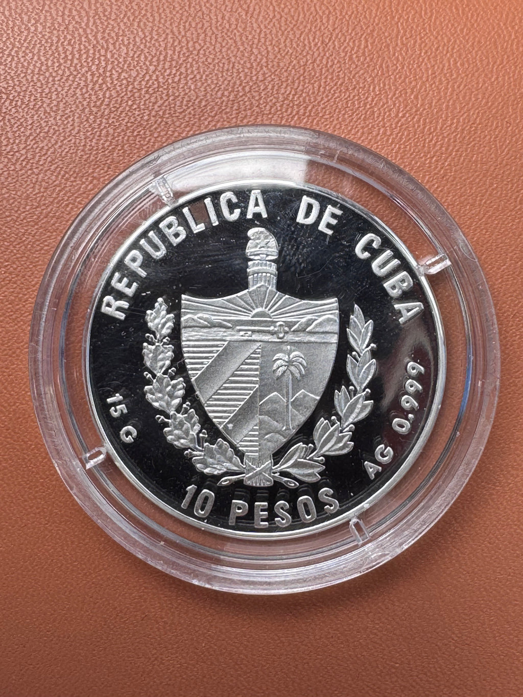 Awers – Republica de Cuba, 10 Pesos, herb Kuby, 15g AG 0.999