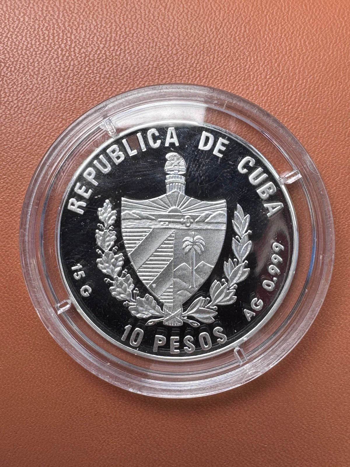 Awers – Republica de Cuba, 10 Pesos, herb Kuby, 15g AG 0.999
