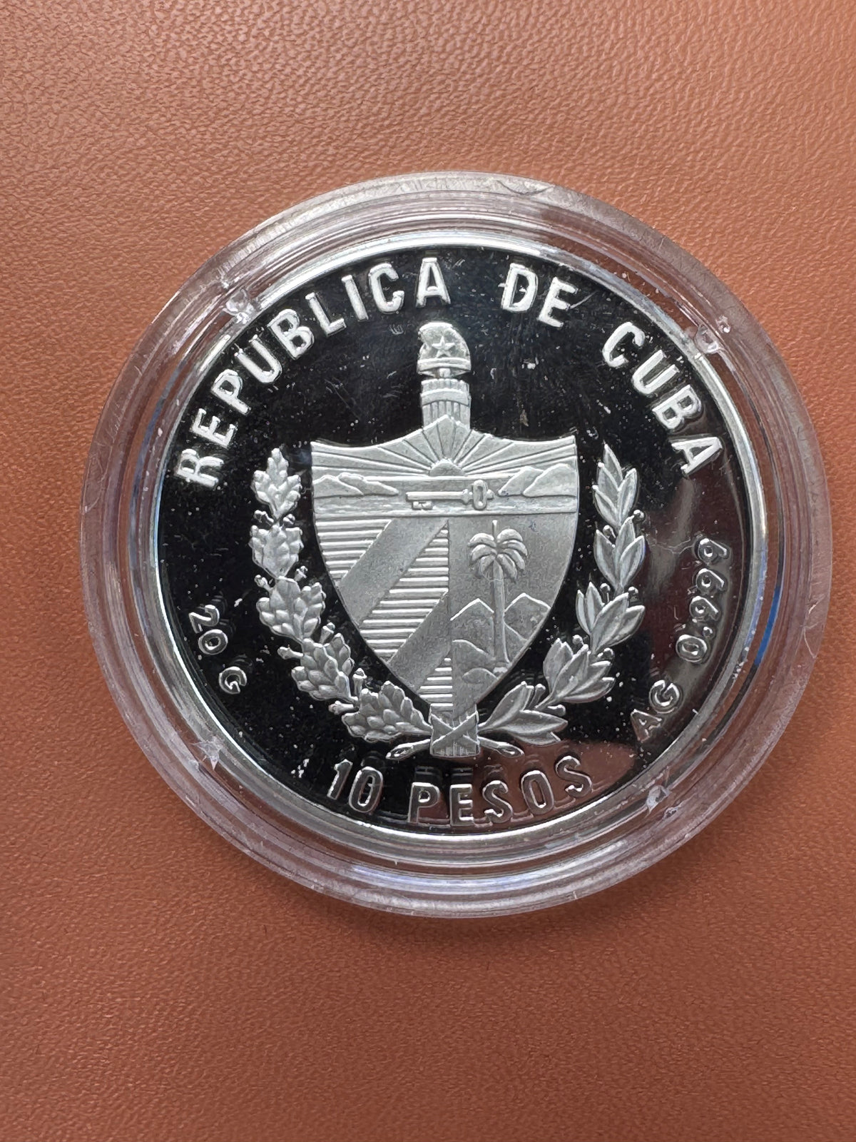 Awers – Republica de Cuba, 10 Pesos, herb Kuby, 20g AG 0.999