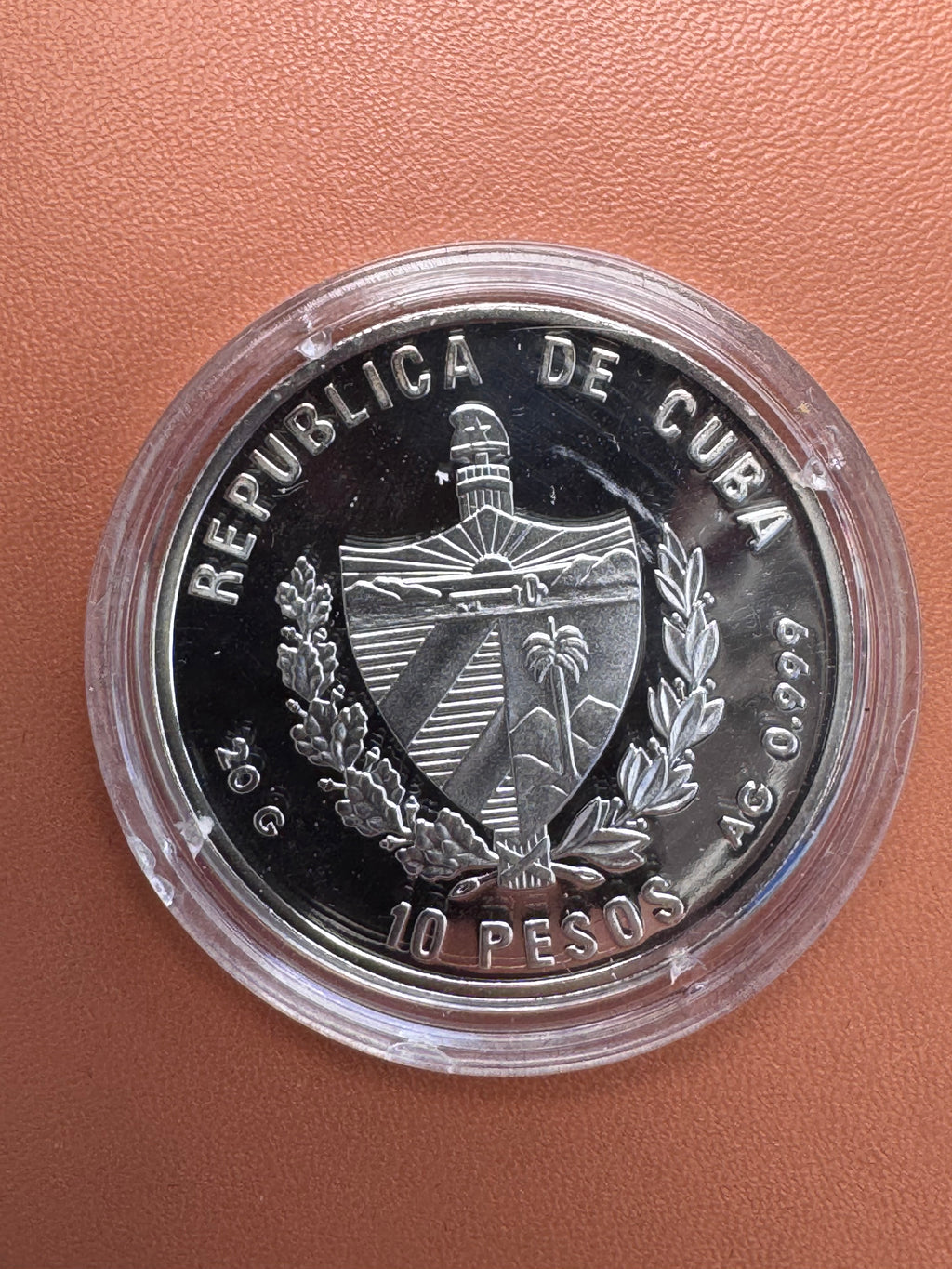 Awers – Republica de Cuba, 10 Pesos, herb Kuby, 20g AG 0.999