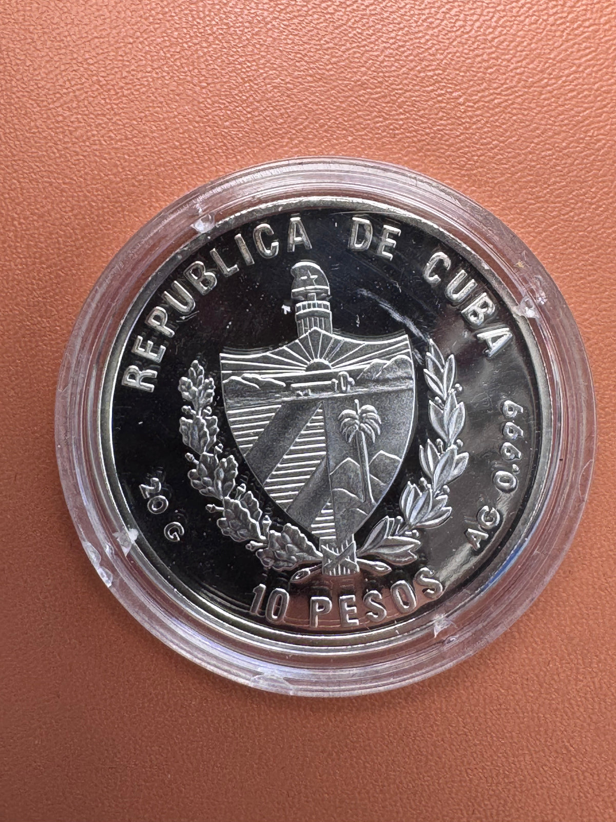 Awers – Republica de Cuba, 10 Pesos, herb Kuby, 20g AG 0.999